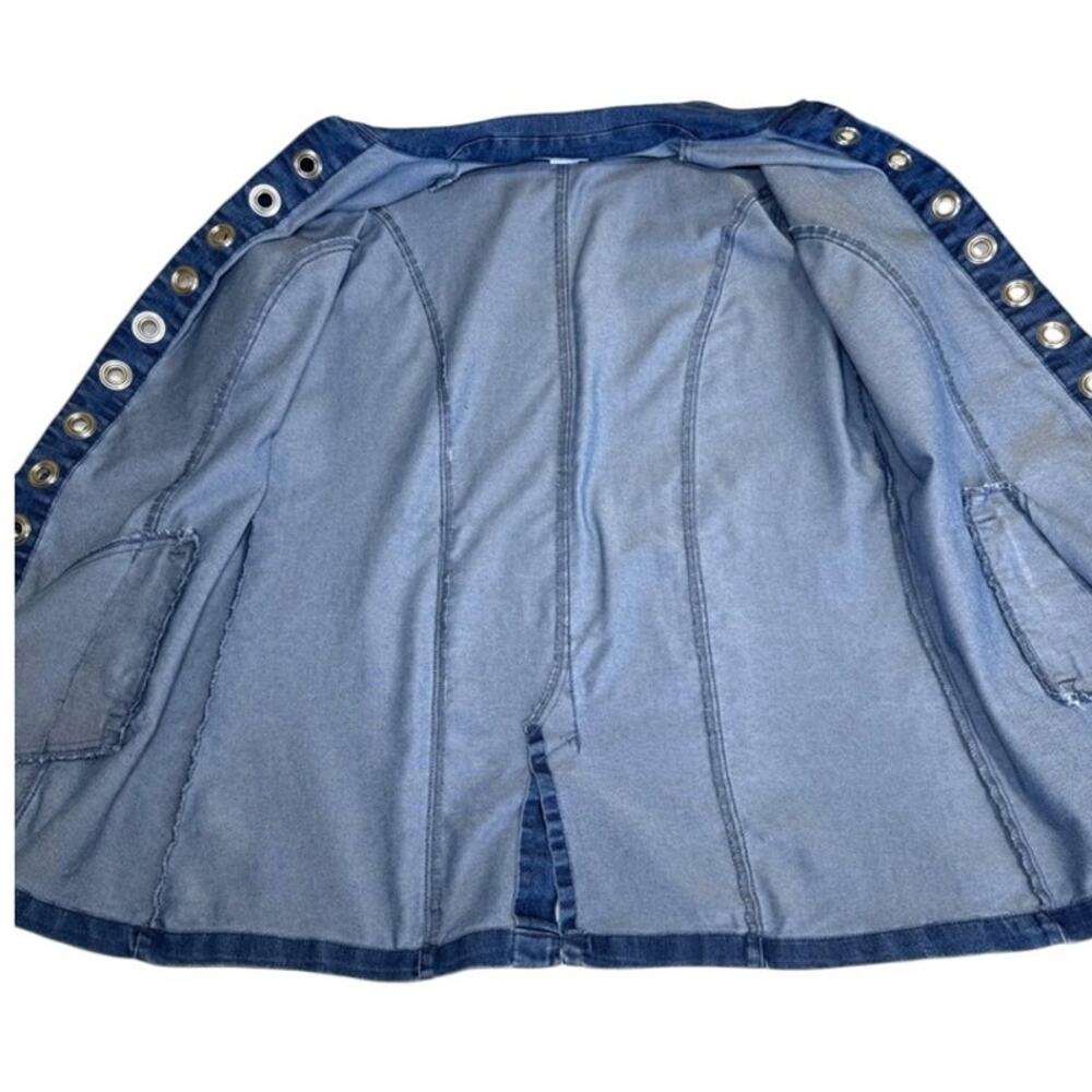 Tia Designs Elongated Denim Jacket Women XL Blue Rhinestone Grommet 3/4 Sleeve - Picture 5 of 7